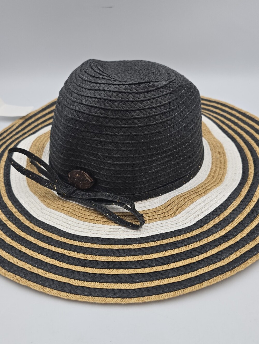 Panama Jack Women's Wide Brim Striped Straw Sun Hat Black/Tan/White